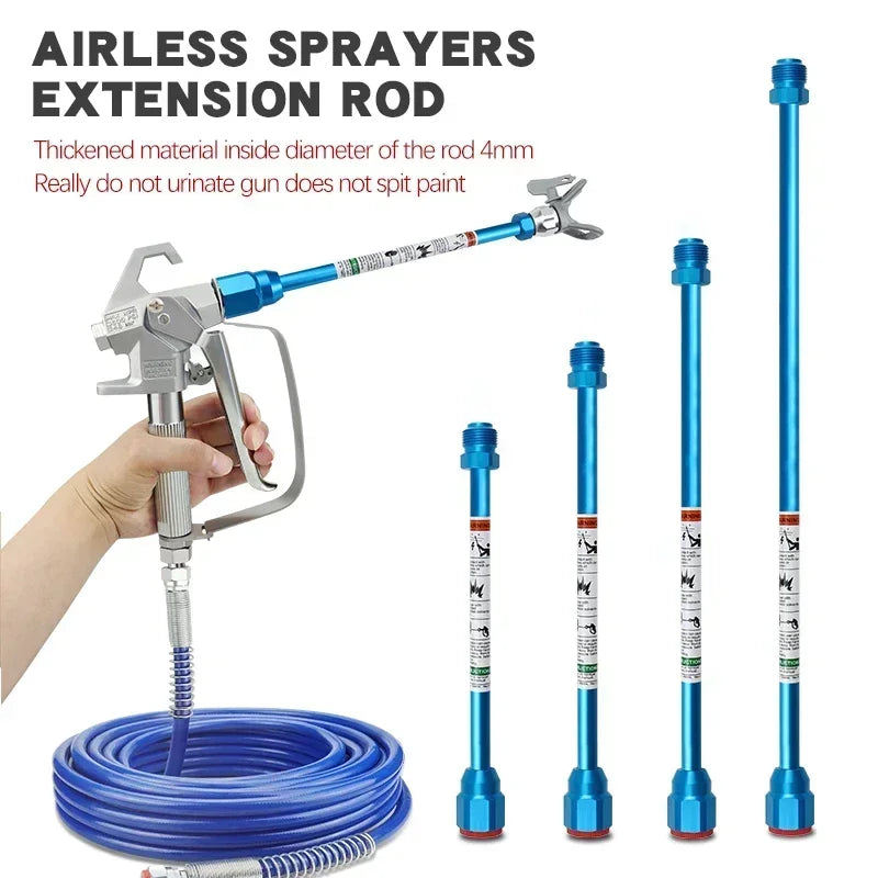 An airless sprayer extension rod with a threaded body and a blue handle is shown next to a coiled blue hose.