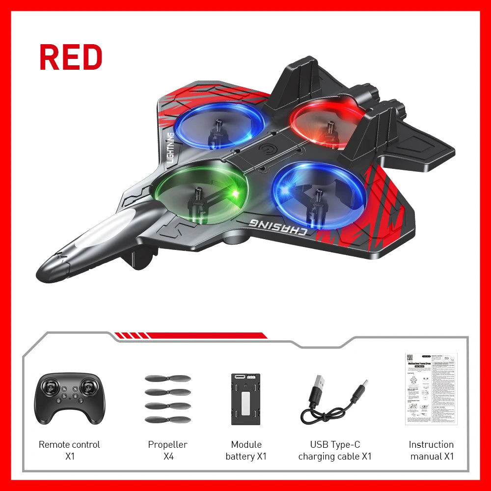Red LED light foam stunt airplane with altitude hold featuring a remote control and battery