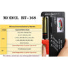 A black universal battery tester device showing various voltage settings and battery models.