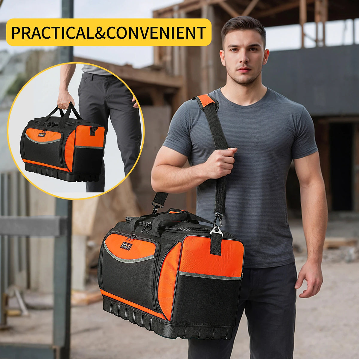 A man holds an orange and black heavy-duty tool bag with a molded base and 18 pockets in an outdoor construction setting.