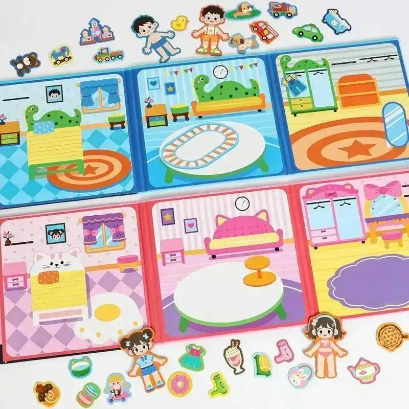 A colorful magnetic dress-up quiet book featuring various animal and character figures for children.