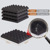 Stack of black pyramid acoustic foam panels with size measurements and a magnifying glass