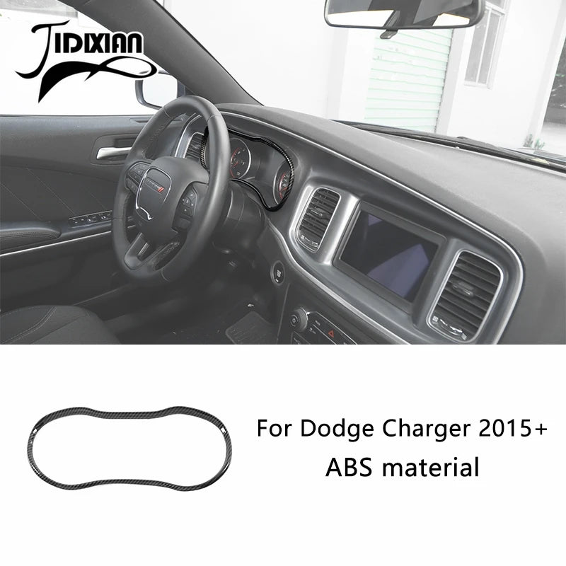 Carbon fiber interior trim kit for Dodge Charger featuring a steering wheel and dashboard components