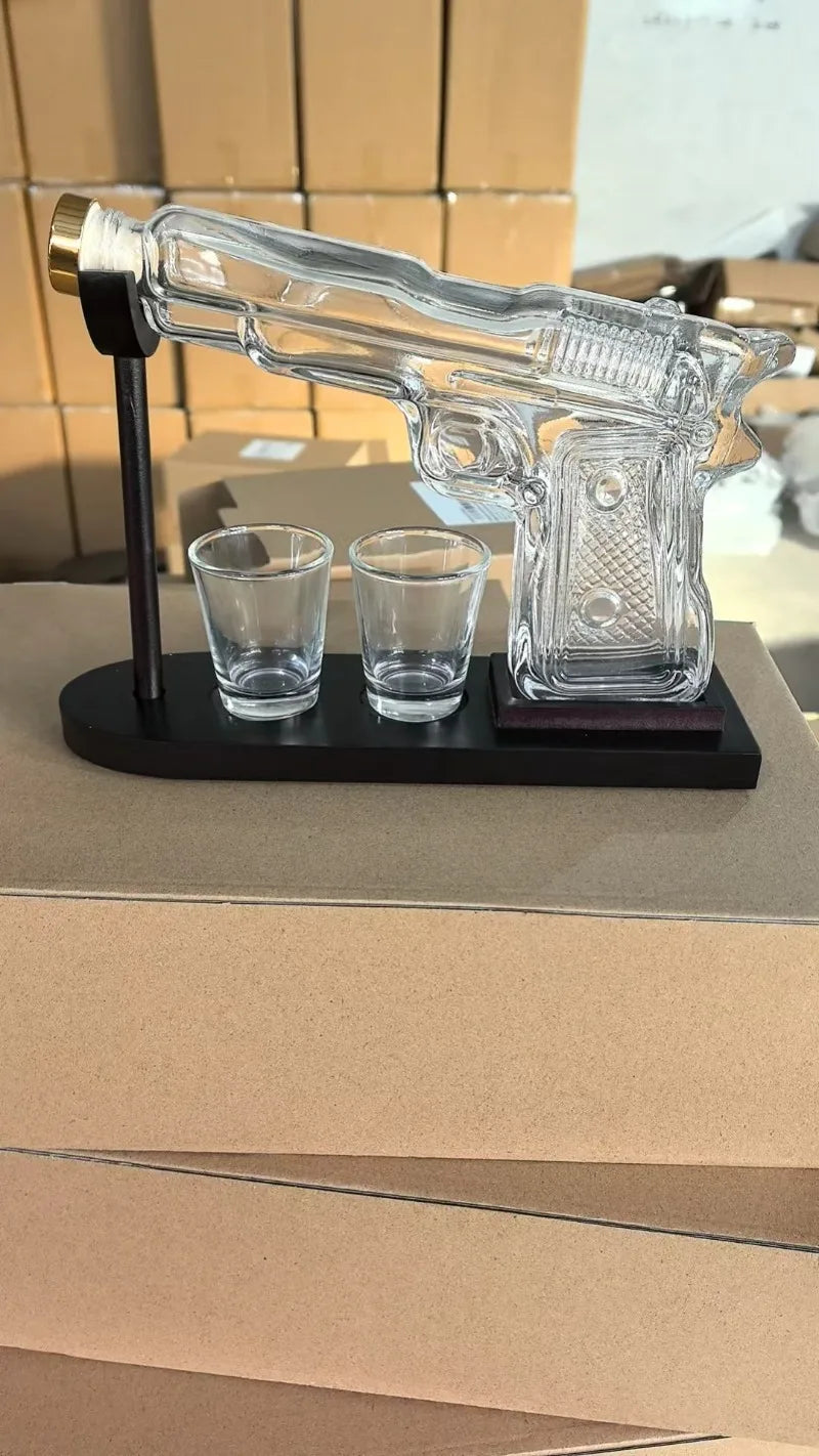 Pistol-Shaped Whiskey Decanter Set with Two Glasses