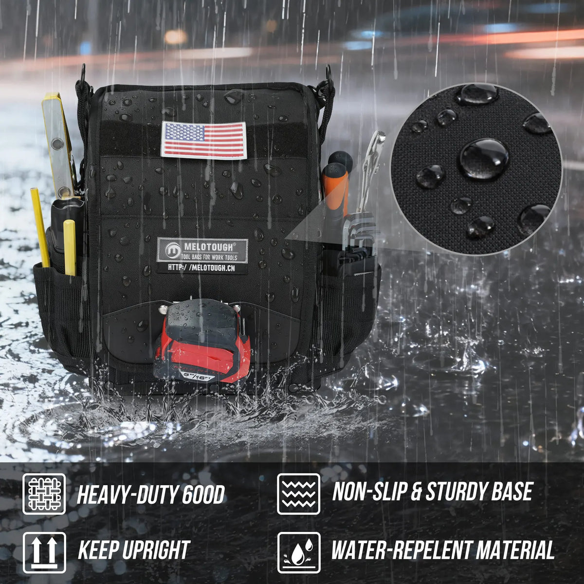 A black heavy-duty tool bag with a red accent, shown with water droplets, emphasizing its non-slip base and water-repellent m