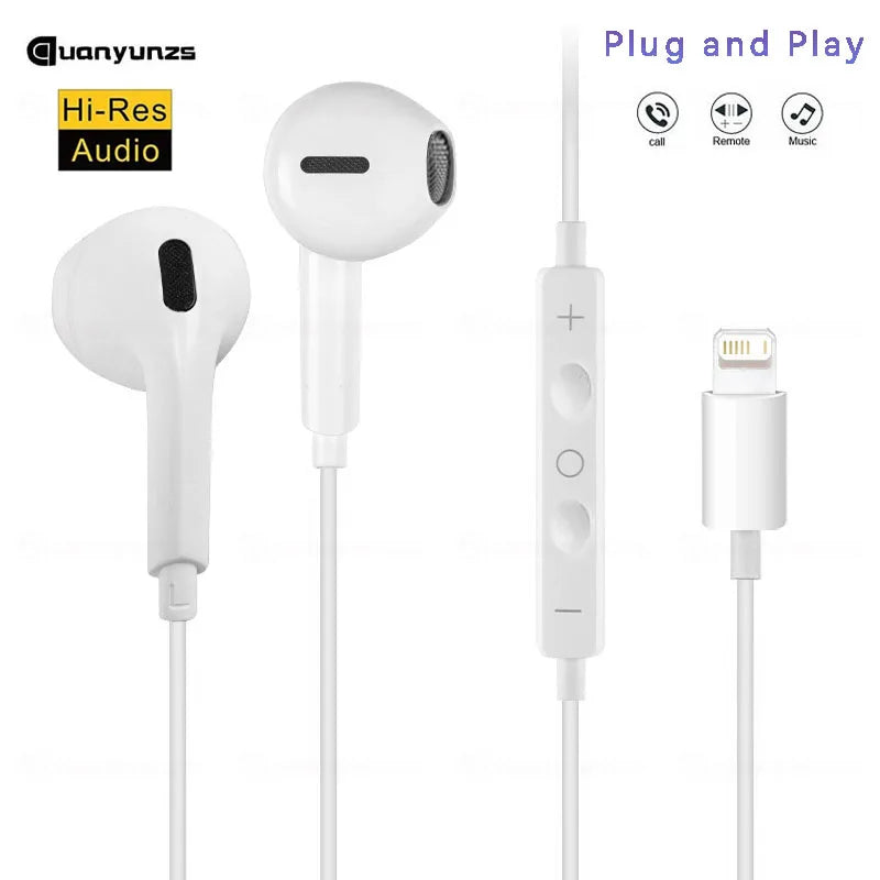 White plug and play in-ear earphones with a microphone and charging cable