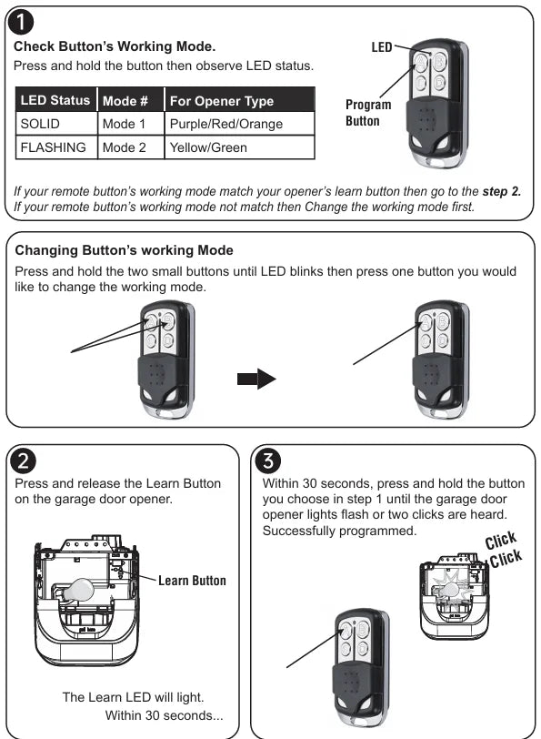 Instructions for programming a universal keychain garage door remote using a learn button and LED status checks.