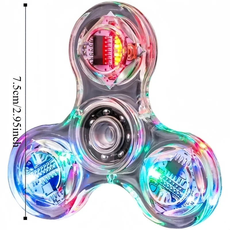 A clear plastic LED glow fidget spinner with multiple colored lights and a central rotating mechanism.
