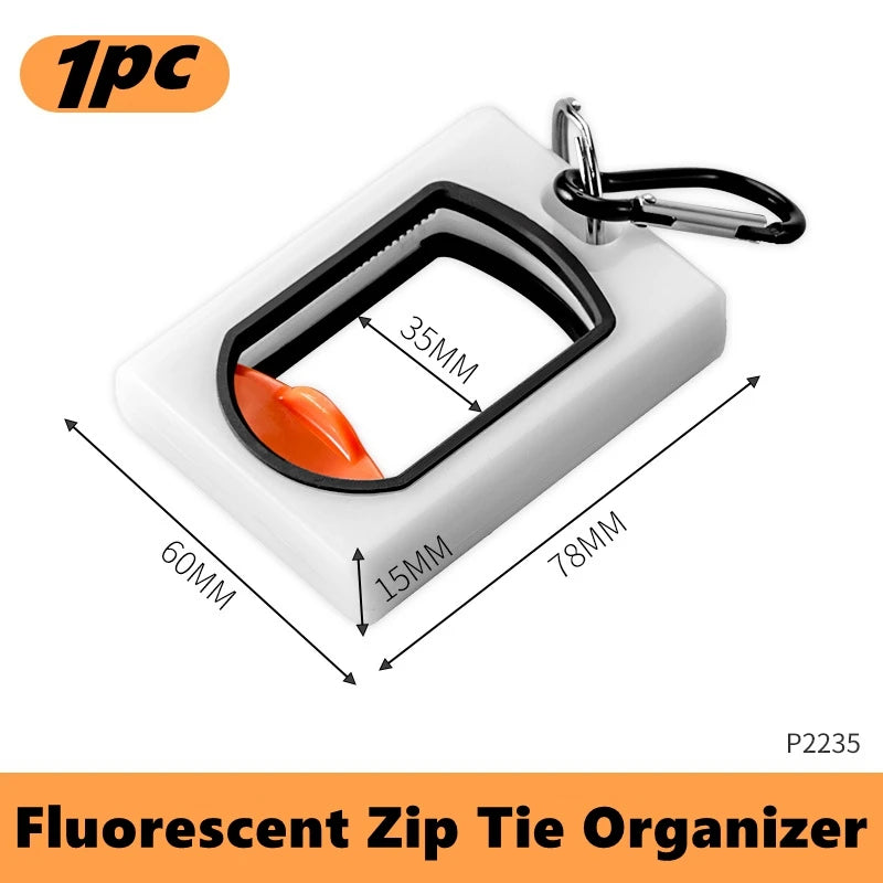 A white fluorescent zip tie organizer with a black clip and measurements shown.