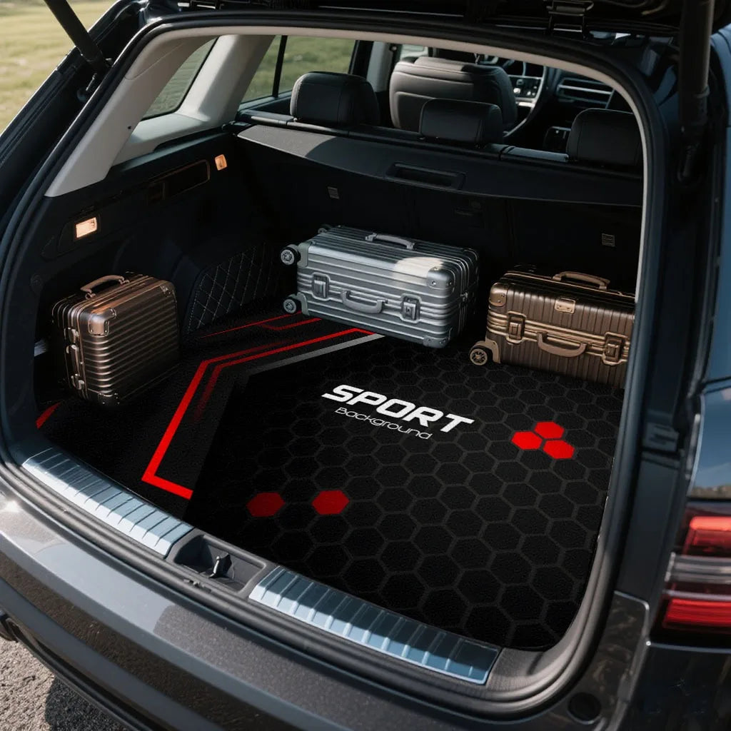 Interior view of a vehicle trunk showing a black and red patterned mat with storage boxes.