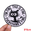 Black and white embroidered patch featuring an owl design with text that reads I'm fine this is fine everything's fine