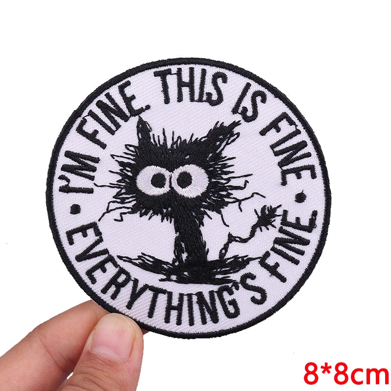 Black and white embroidered patch featuring an owl design with text that reads I'm fine this is fine everything's fine