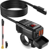 A black motorcycle USB charger with a voltmeter and dual ports, featuring a coiled cable and a connector.