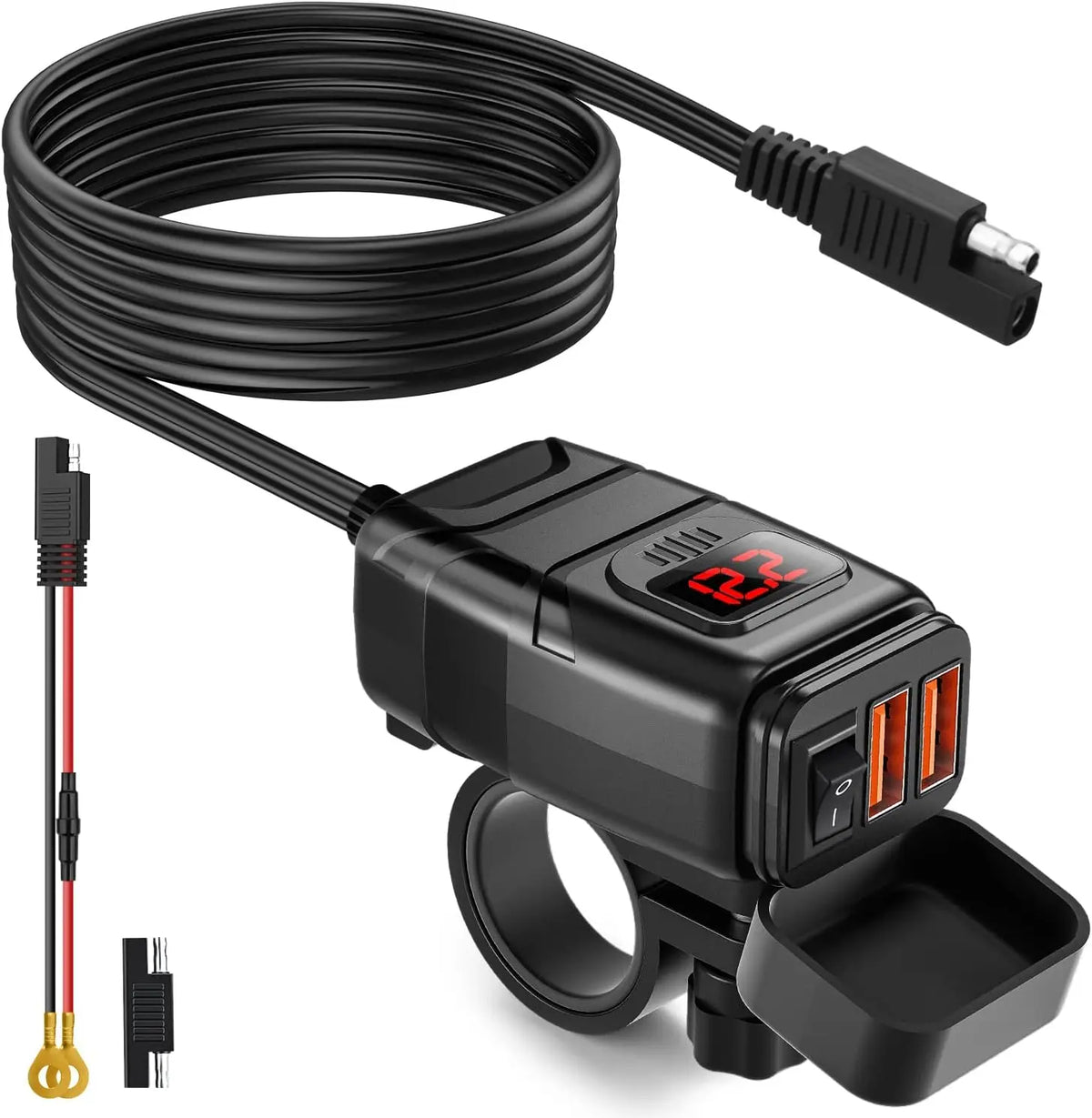 A black motorcycle USB charger with a voltmeter and dual ports, featuring a coiled cable and a connector.