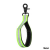 A black strap with neon green accents and a metal clip for hanging items.