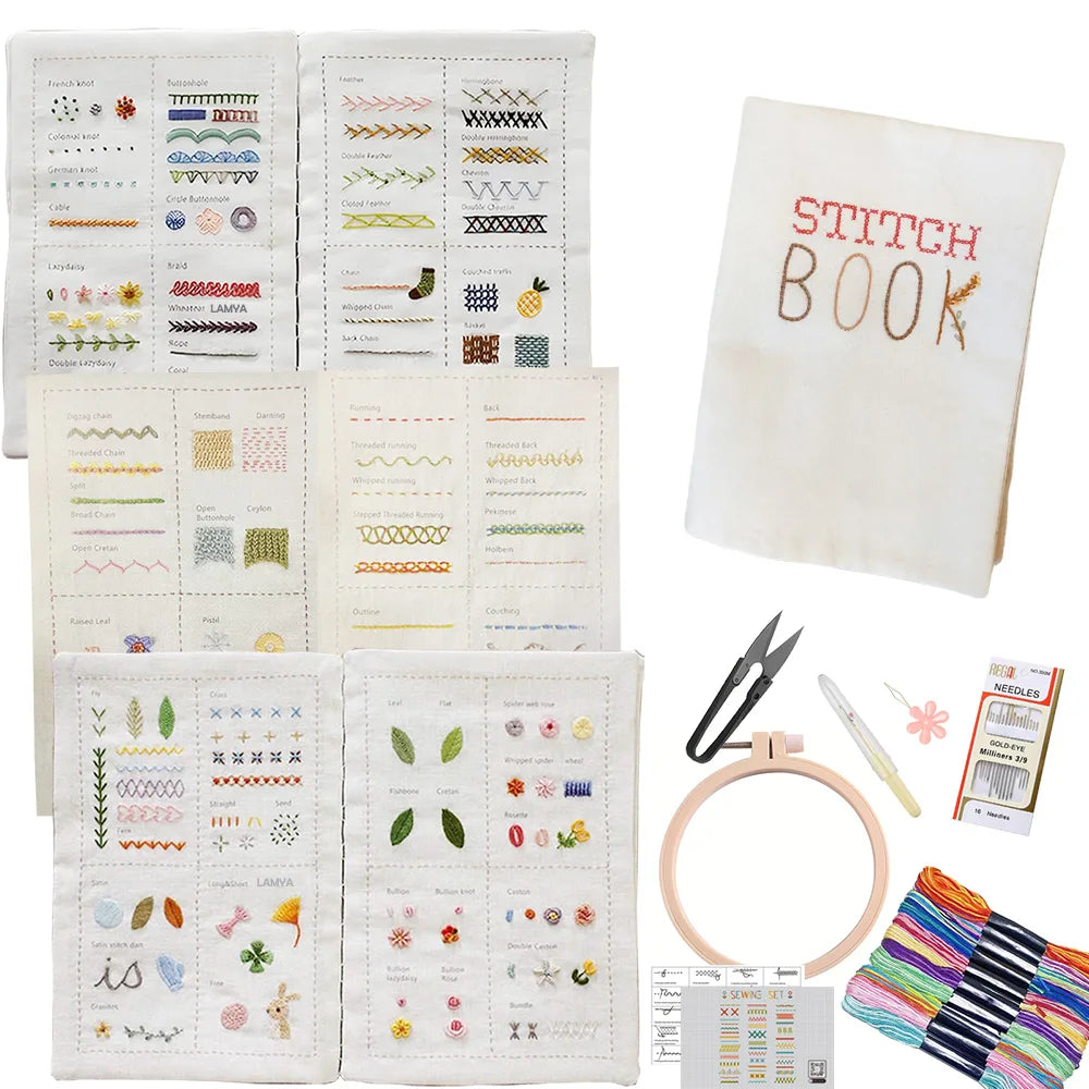 A collection of embroidery stitch books and guides showing various hand embroidery stitches and patterns.