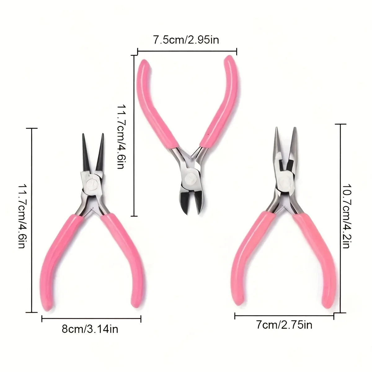 Pink Jewelry Pliers Tool Kit with Needle, Round Wire Cutter, and Curved Nose Pliers