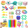 Assorted stress relief fidget toys including a burger, ball, dinosaur, puzzle, and various silicone shapes.