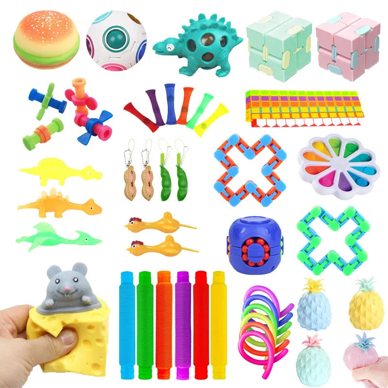 Assorted stress relief fidget toys including a burger, ball, dinosaur, puzzle, and various silicone shapes.