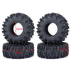 A set of black mud terrain wheels and tires for RC crawlers, showing the tire cross-section and wheel diameter.