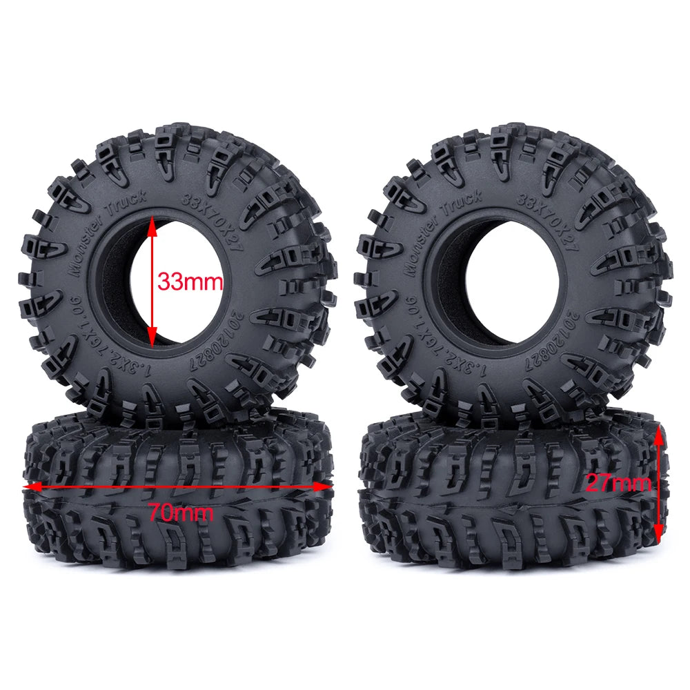 A set of black mud terrain wheels and tires for RC crawlers, showing the tire cross-section and wheel diameter.