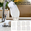 A silver faucet is shown with a clear filter bag attached, alongside several white disposable filter bags and binding straps.