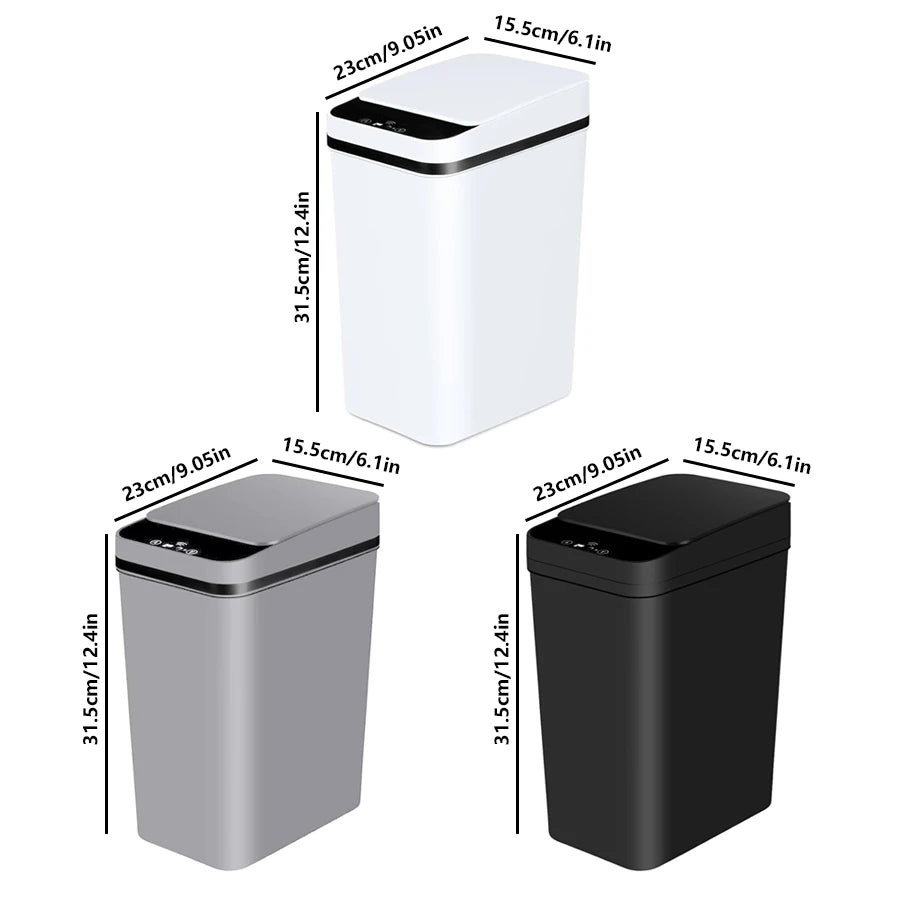 A white motion sensor slim trash can with an automatic lid shown in side and top views.
