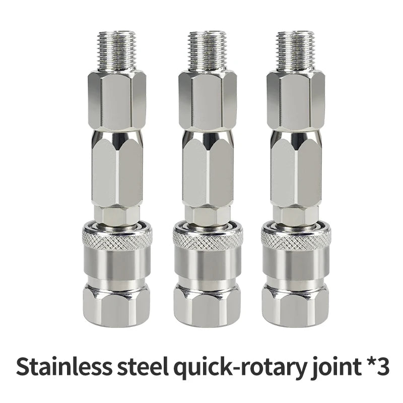 Three stainless steel quick-rotary joints used for connecting airless spray hoses