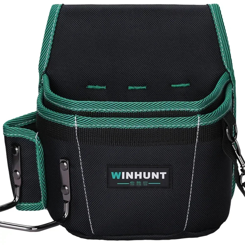 Black heavy-duty tool waist bag with green trim and belt for carpenters and electricians