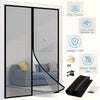 A magnetic screen door curtain with auto-close mesh shown in a sliding glass door frame.