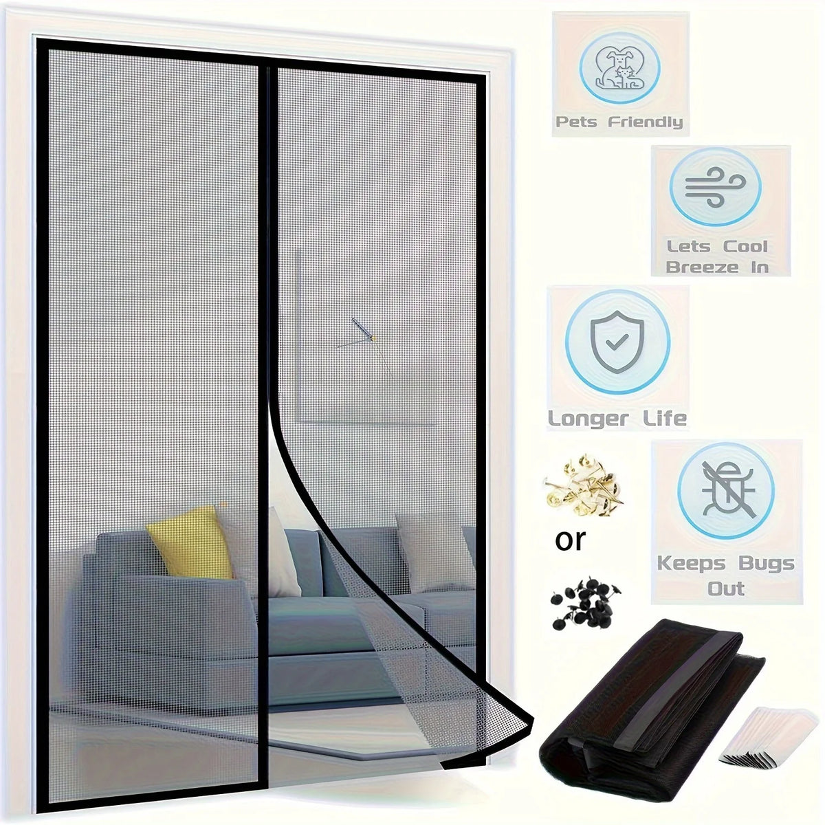 A magnetic screen door curtain with auto-close mesh shown in a sliding glass door frame.