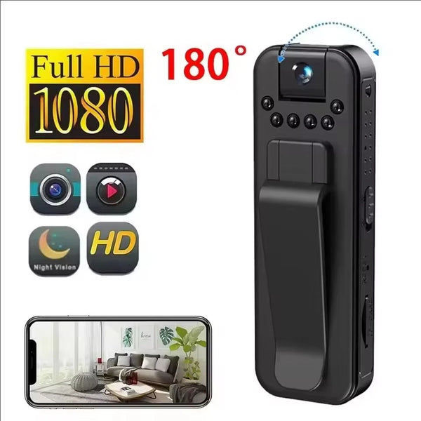 Mini caméra HD compacte noire avec objectif et écran, à côté d'un smartphone.