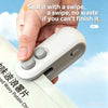 A hand is shown using a white portable bag sealer and cutter device on a white surface.