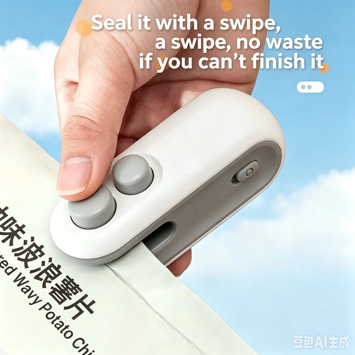 A hand is shown using a white portable bag sealer and cutter device on a white surface.