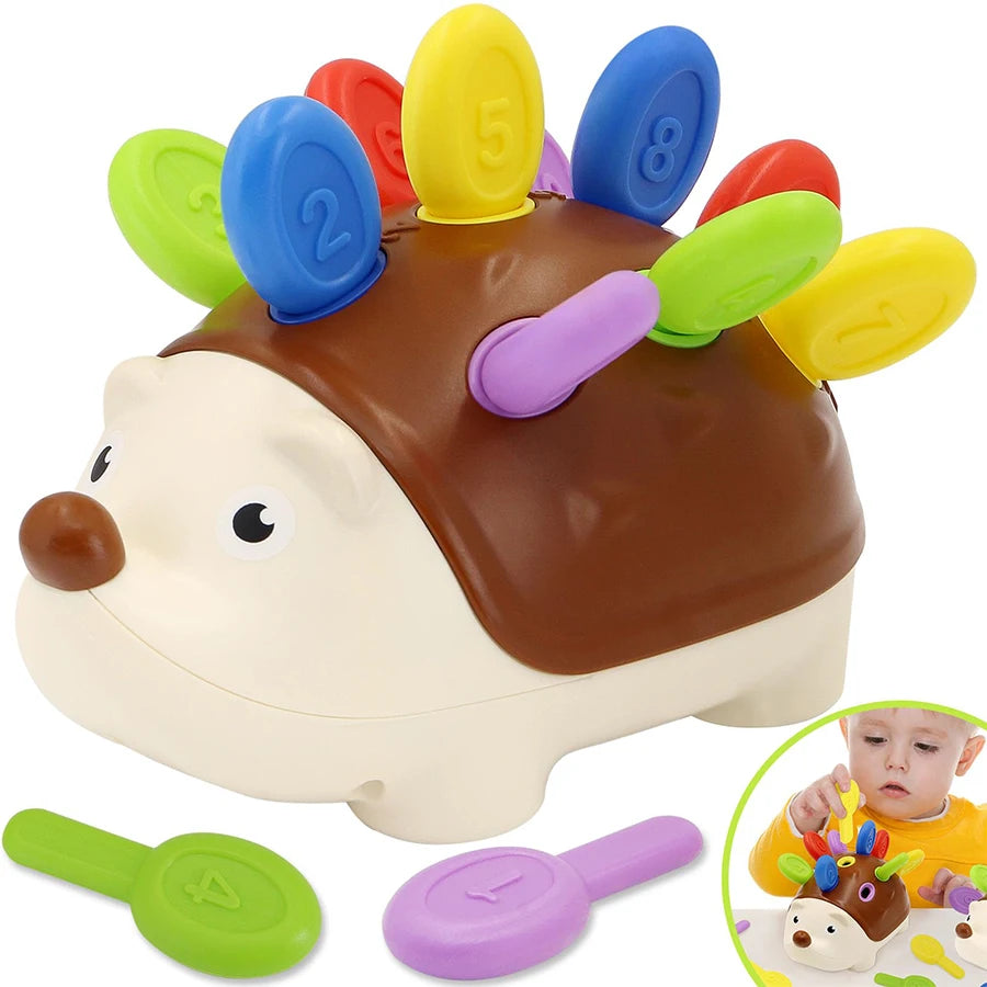 A brown hedgehog sensory toy with a yellow snout and purple features is shown next to its detached parts.
