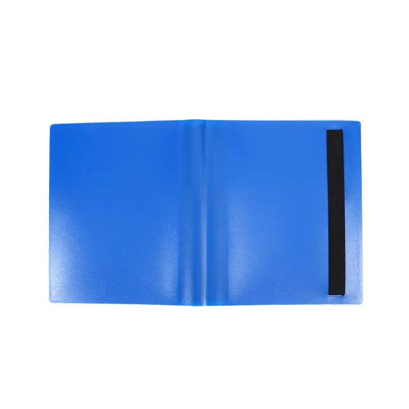 A blue card binder album with a black closure strip.