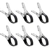 Six stainless steel pool cover clips with comfort grip handles in black.