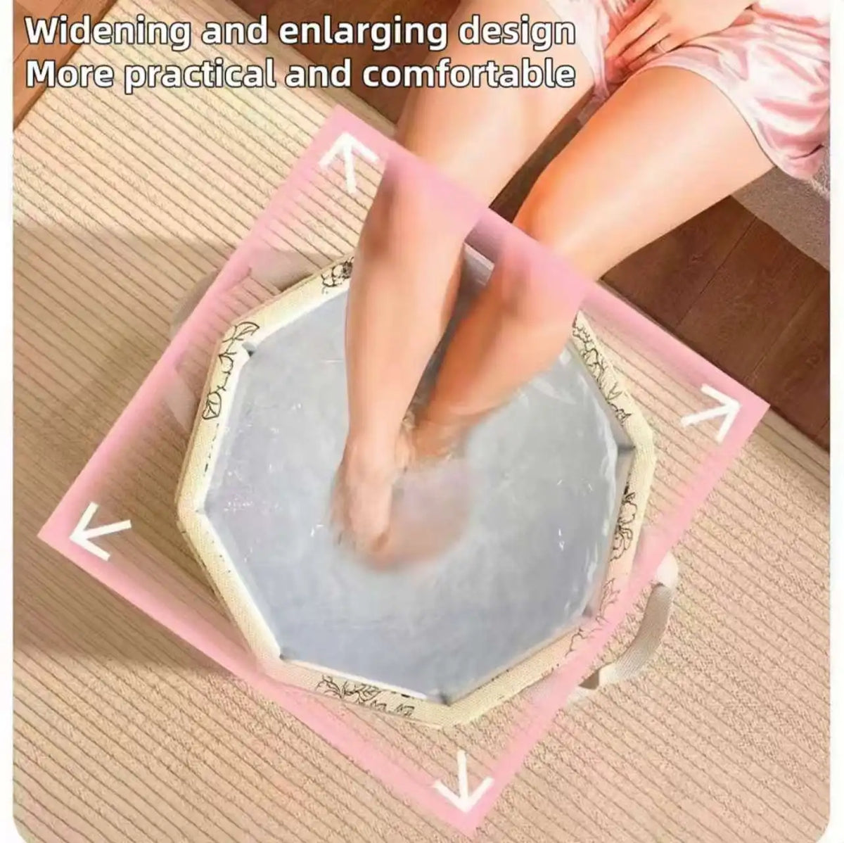 A person's legs are soaking in a foldable calf-height foot tub for relaxation.