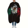Black hair cutting cape with a graphic design featuring a stylized eagle and flames