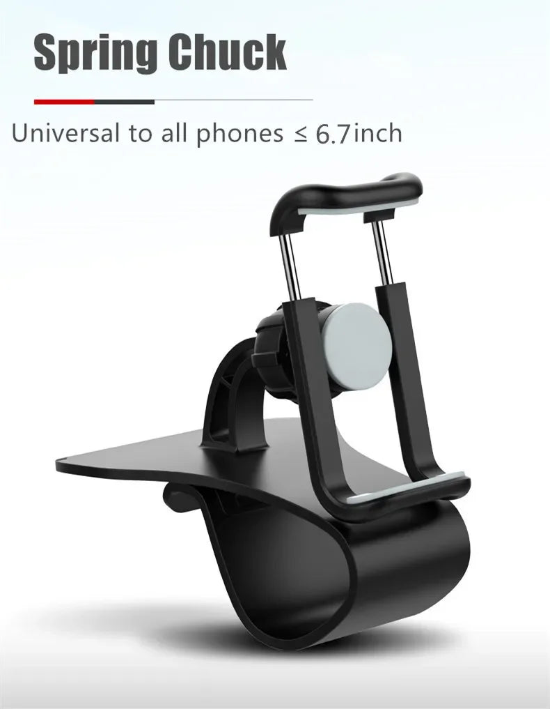 A black spring chuck universal phone mount designed for phones up to 6.7 inches.