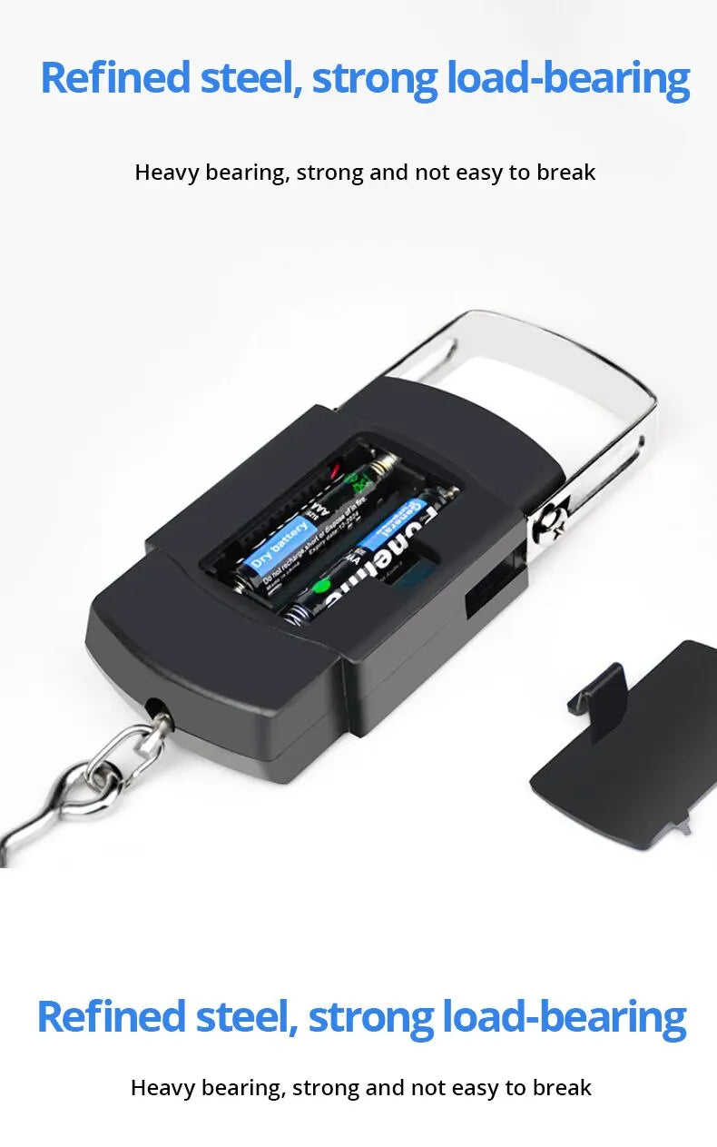 A black portable digital luggage scale with a metal clip and chain attached, showing a refined steel design.