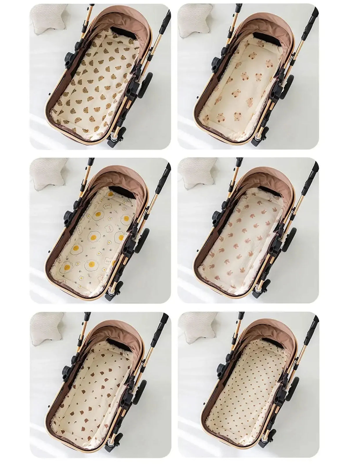 A beige stroller cushion featuring a cartoon bear pattern, shown from various angles.
