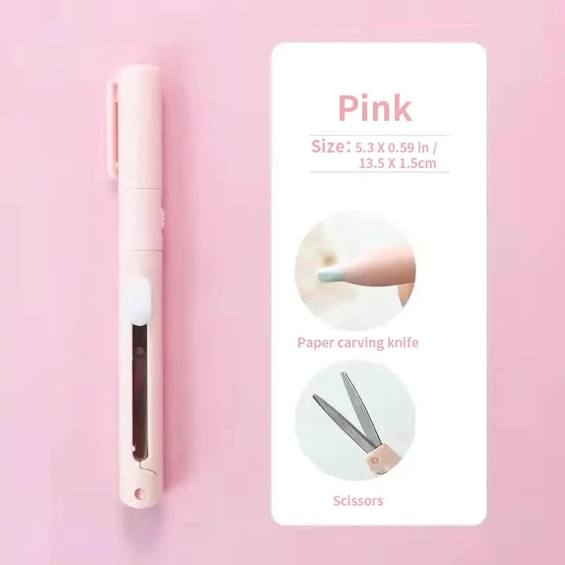 Pink paper carving knife and scissors set displayed on a white background