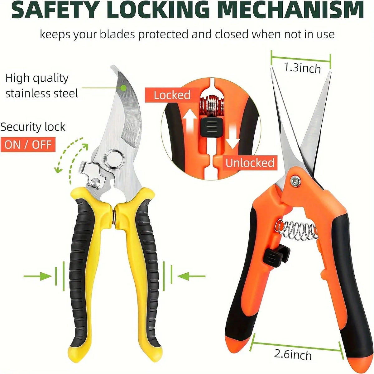 Orange and black stainless steel garden scissors with ergonomic handles shown in various states of locking and unlocking