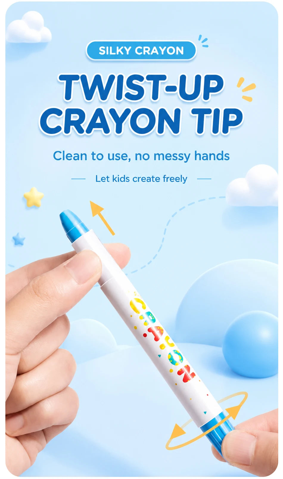 A hand holds a white twist-up crayon with colorful tips, demonstrating its clean and easy to use design.
