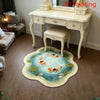 A plush rug with a round koi fish pattern in shades of orange and white on a teal background.