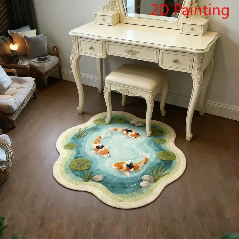 A plush rug with a round koi fish pattern in shades of orange and white on a teal background.