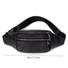 Black genuine leather multi-pocket waist bag shown from the top view.