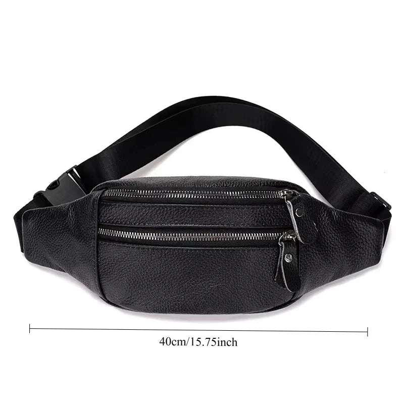 Black genuine leather multi-pocket waist bag shown from the top view.