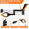 Black and orange foldable grabber tool with a rotating magnetic tip shown in various uses.